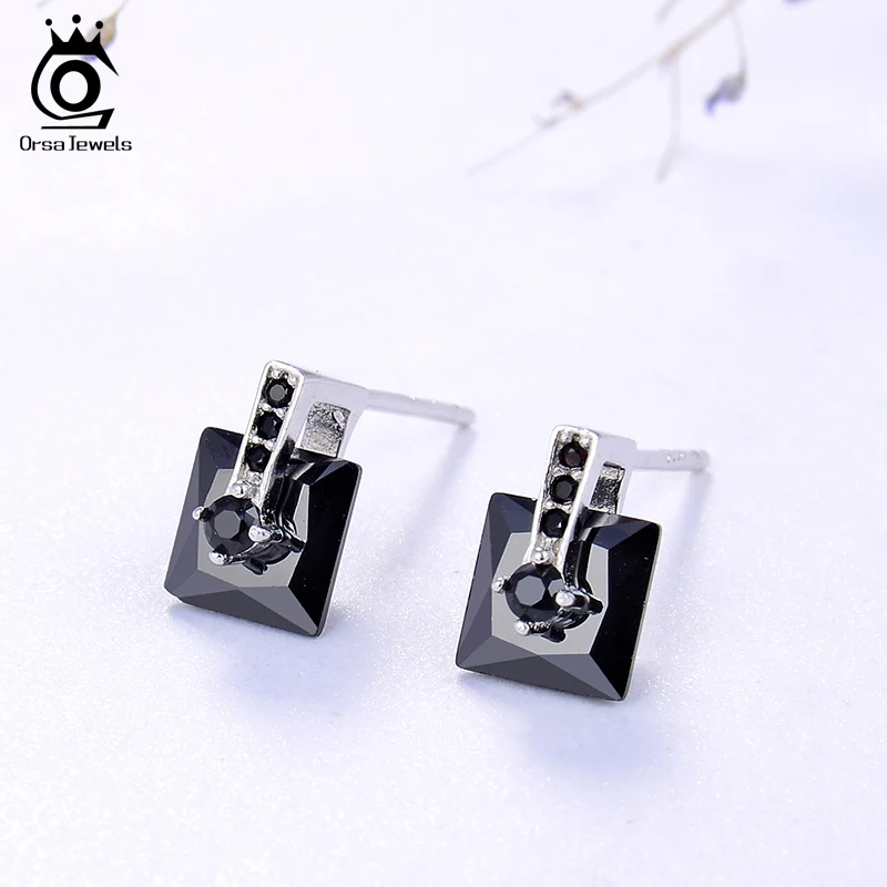 ORSA JEWELS Настоящее 925 пробы серебро слайд серьги-гвоздики в форме Для женщин блестящие AAAA фианит квадратной огранкой, черно-белая женская Праздничная обувь ювелирные изделия SE192