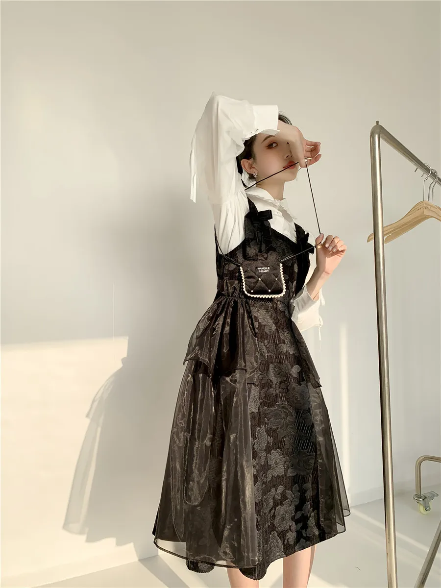 

2021 medium and long jacquard Strap Black Patchwork dress + bow lace design baby collar white shirt