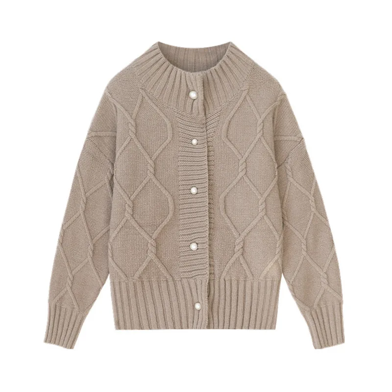 

2021 Spring Women New Mock Neck Pearl Single Breasted Versatile Long Sleeve Solid Color Top Knitted Cardigan Sweater D229