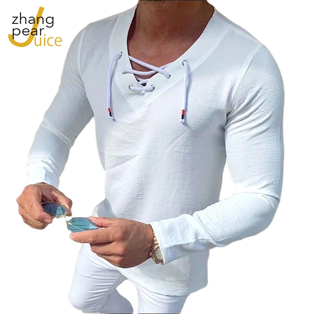

Men Slim Fit Tee T Shirt Men Long Sleeve V-Neck Lace Up T-Shirt Men Casual Fashion Bandage Shirt Top
