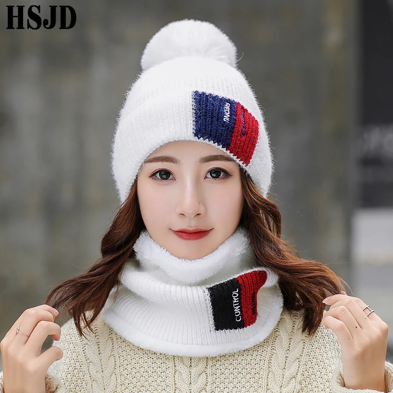

Neck Warmer Knitted Hats Scarf 2Pcs Set 2019 New Women Winter Cap Warm Velvet Lining Balaclava Cold Hat Pompom Bonnet female cap