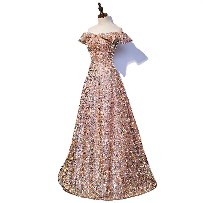 

2021 New Temperament Long Sequin Dress One-Shoulder Aura Queen Dress Golden Evening Dress
