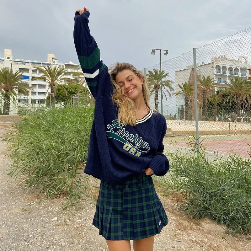 

Sylph Long Sleeve V- Neck Sweater Fashion Knitted Striped Letter Embroidery Pullover Autumn Winter Casual Loose Female Clothing