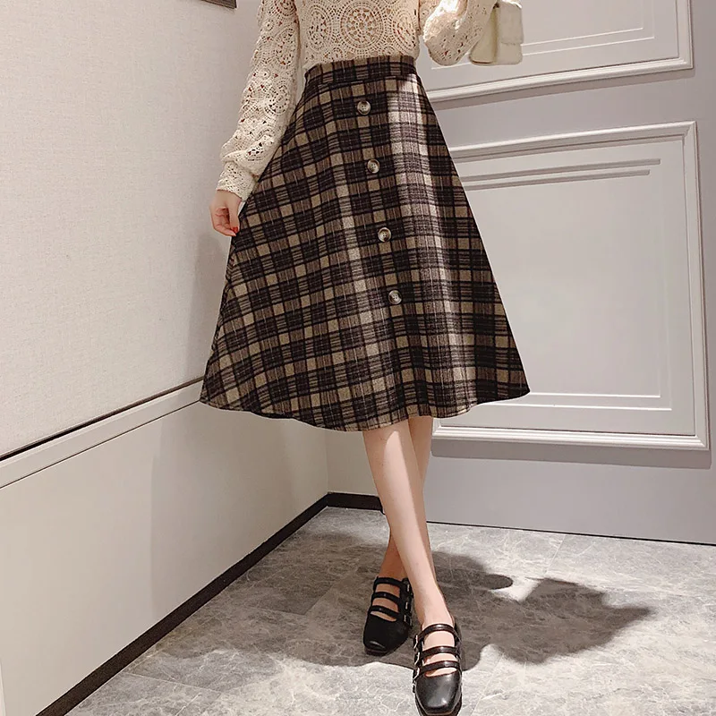 Женская винтажная шерстяная юбка Повседневная Длинная клетчатая средней длины с
