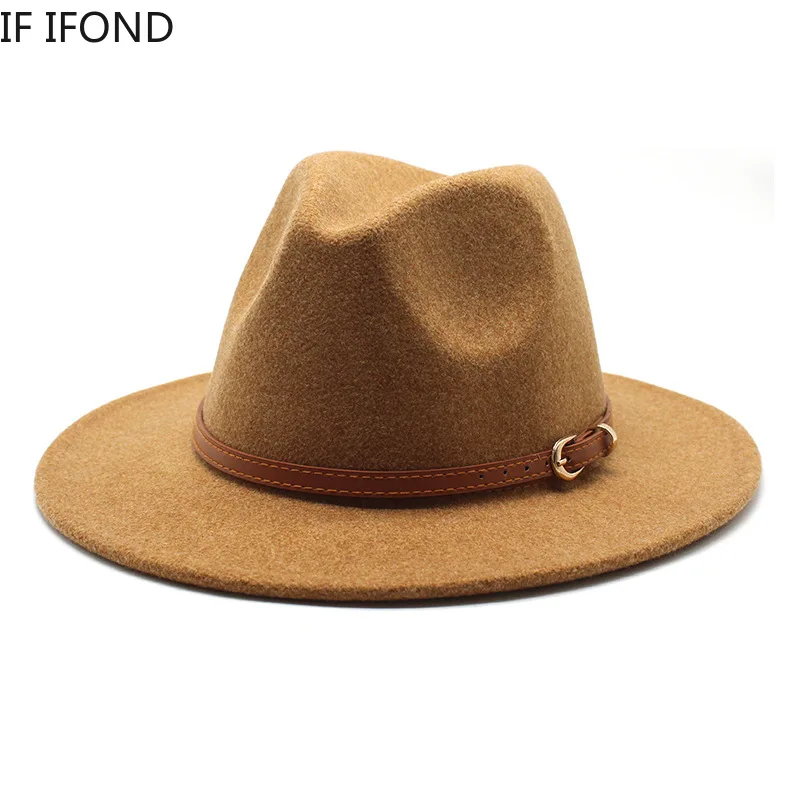 

Women's Hats Winter Autumn soft Wool Fedoras Hats with Leather Belt Classic Solid Jazz Trilby Hats Panama Party Wedding Cap
