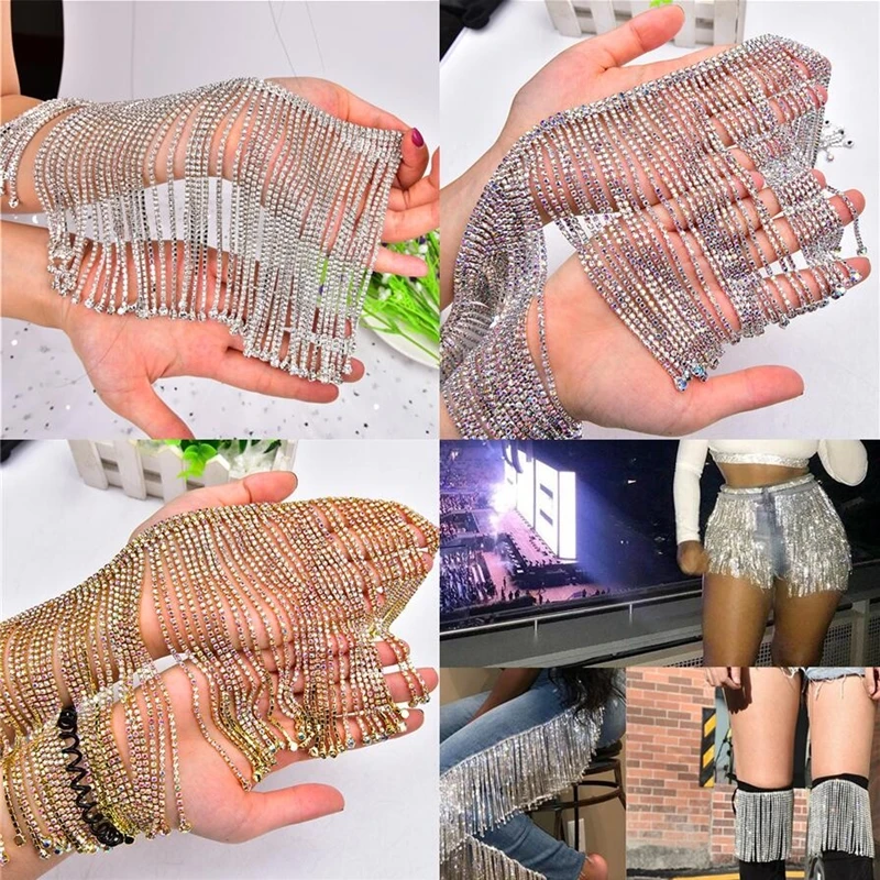 Цепочка Стразы 14 см красивая Длинная кисточка с серебряными кристаллами и