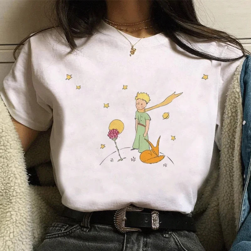 New Earth Space Little Prince Patterned Short Sleeves Fashion Harajuku Kawaii Shirts Cartoon Women Blusas Clothing Streetwear | Женская