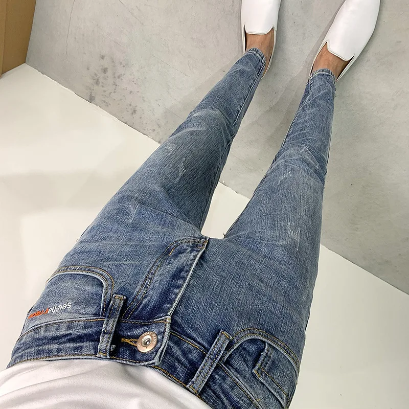 

Light blue Denim jeans men's 2021 Fashion new trendy brand stretch slim-fit pants Korean embroidered teenager pencil pants