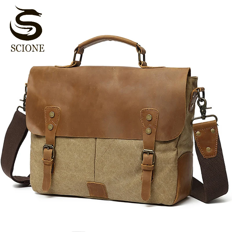 2020 New Men Canvas Leather Business Briefcase Male Vintage Casual Shoulder Messenger Bags Laptop Handbag Travel Bags XA13M