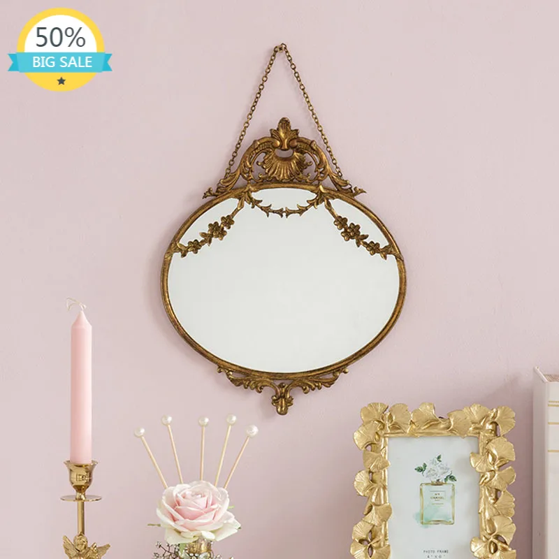 Aesthetic Art Mirror Stand Livingroom Baroque Decorative Design Frame Mirror Hallway Retro Circle Espejo Pared Bathroom HX50DM