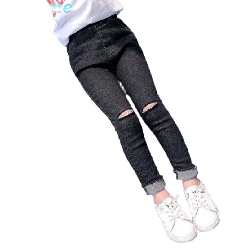 

Black Teenagers Girls Denim Pants Spring Fashion Broken Hole Jeans for Kids Girl Pencil Trousers Children Boutique Clothes 7/8 9