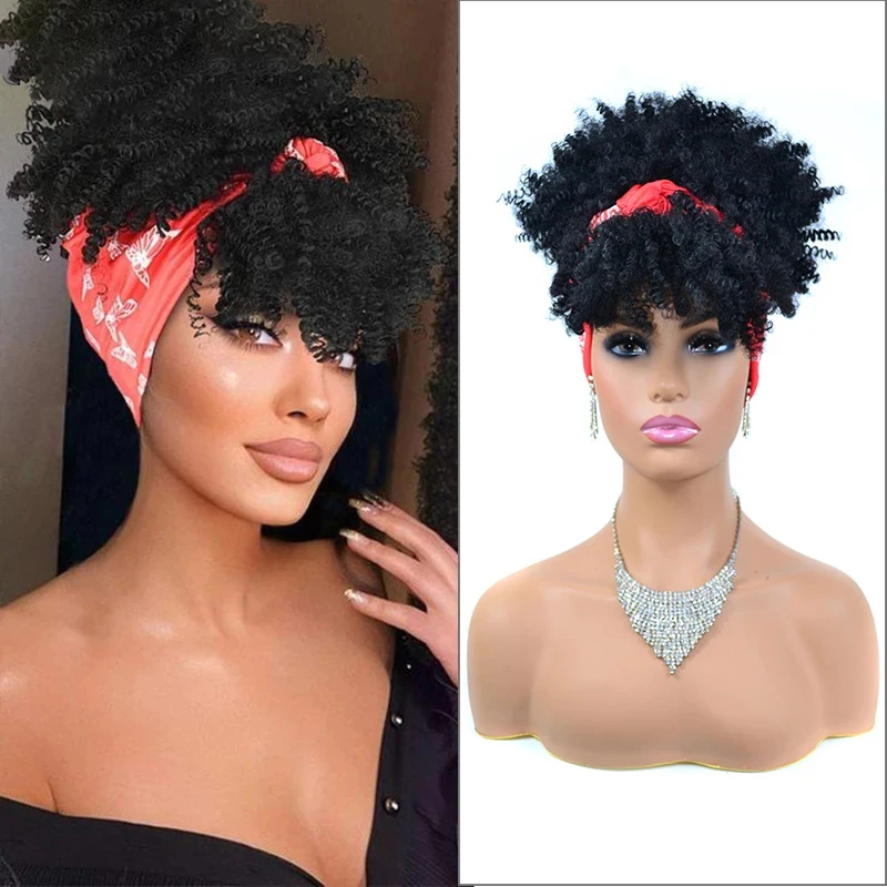 

Short Afro Kinky Curly Headband Wig Synthetic Scarf Wrap Wig with Puff Bangs 10 " Natural High Temperature Fiber Deep Curly Hair