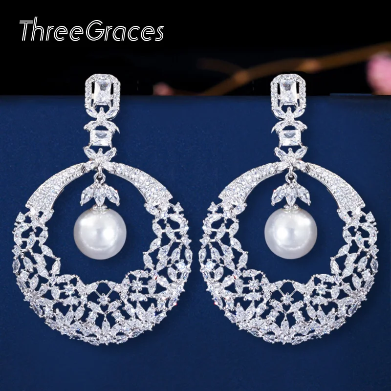 Серьги подвески ThreeGraces большие круглые серьги с цветком из серебра и циркония