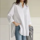 Женская блузка с длинным рукавом, однотонная Свободная блузка с карманами, Повседневная рубашка на пуговицах с отложным воротником, Офисная Женская блузка