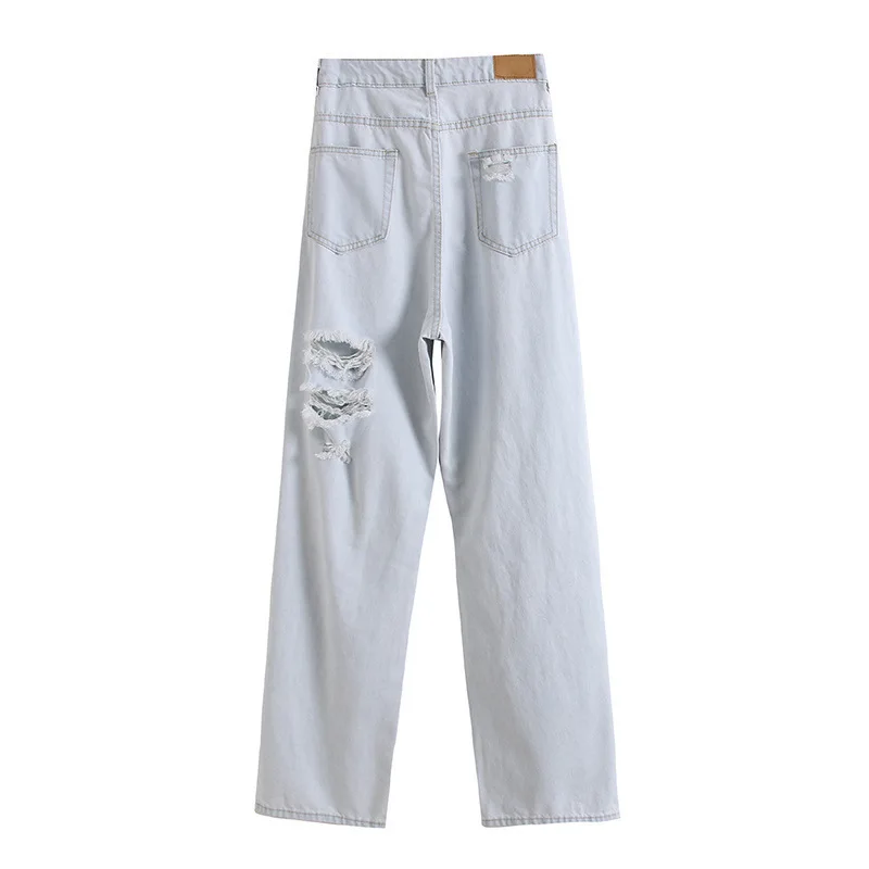 

Waist Pleated Loose Ins Style All-Match Broken Hole Design Washed Straight Wide Leg Daddy Denim Trousers for Women