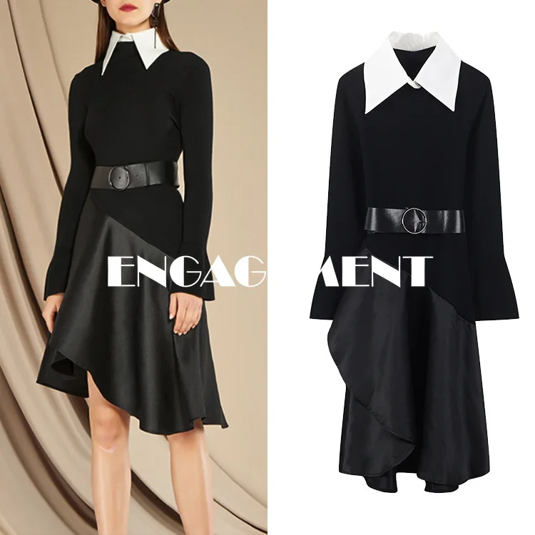 

Обручальное 2021 осеннее модное темпераментное платье Majeth с длинным рукавом и поясом, облегающее платье с лацканами