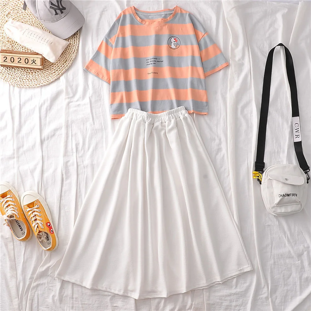 

Single / suit 2021 summer new skirt two piece girls' loose Casual Short Sleeve Striped T-shirt