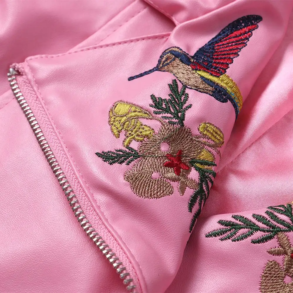

Pink Faux Leather Jacket Punk Rock Preppy Stylish Student Chic Coat 2019 Fall 2020 Spring Bird Embroid