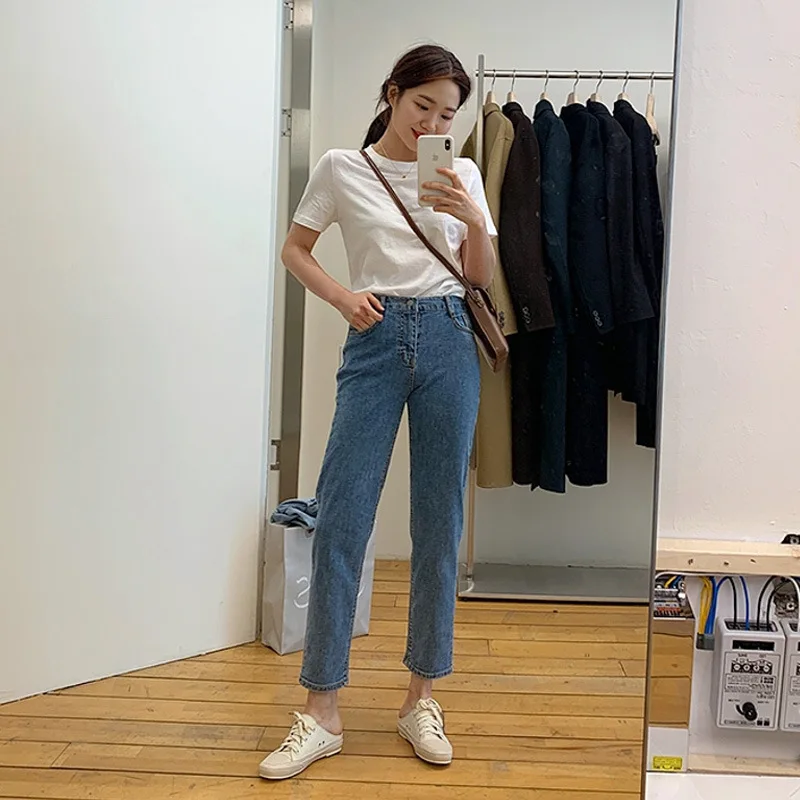 

Vintage Streetwear Women Denim Blue Autumn Winter High Waist Loose Trousers Female Straight Leg Jeans Pants