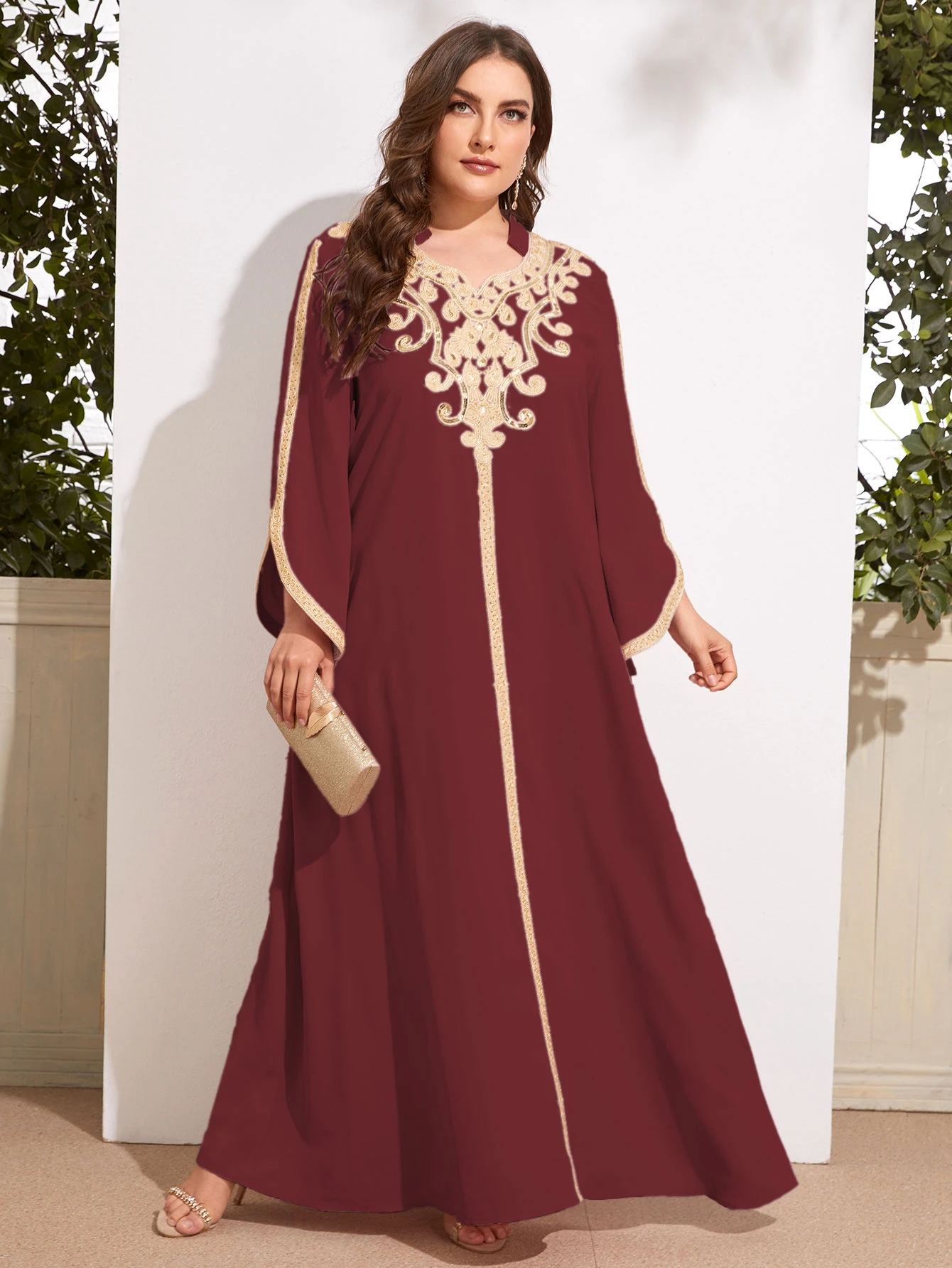 2021 Autumn Women's Plus Size Ankle Length Wine Red Color New Party Abaya With Gold Ribbon Solid Abaya
