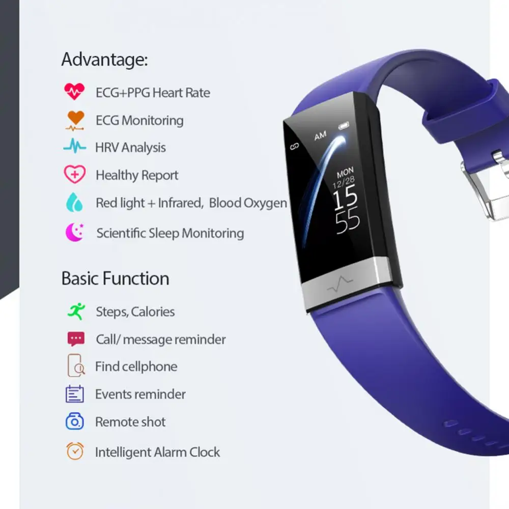 Смарт часы V19 ECG Bluetooth цветной экран IPS пульсометр артериальное давление трекер