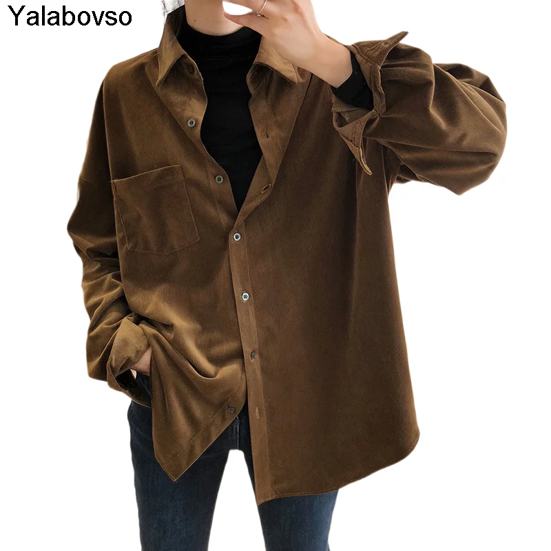

Foggy Glossy Corduroy Shirt Women's Autumn 2021 Hong Kong Style Loose Long Sleeve Tops Brown Gray Blouse Female Fashion Tees
