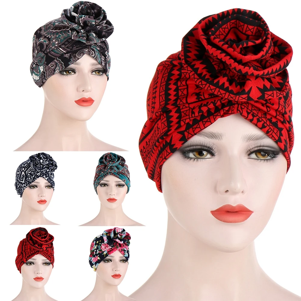 

NEW 2021 Women Stretchy Turban Head Wrap Band Hijab Pleated Flower Indian Cap Hat Turbans Head For Women