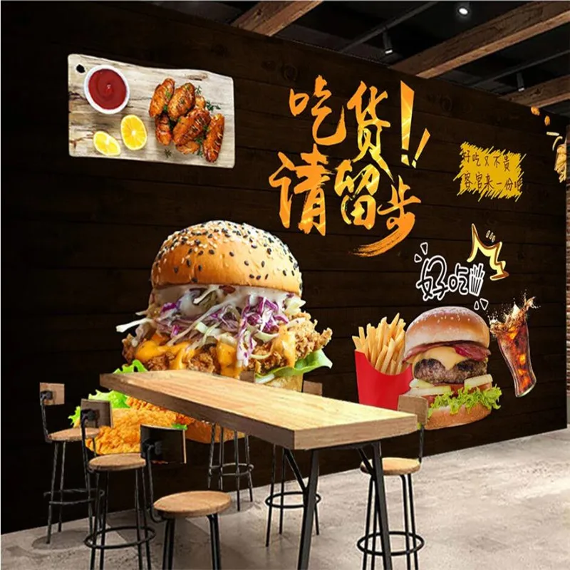 Объемная настенная бумага с изображением гамбургеров на заказ черный фон для