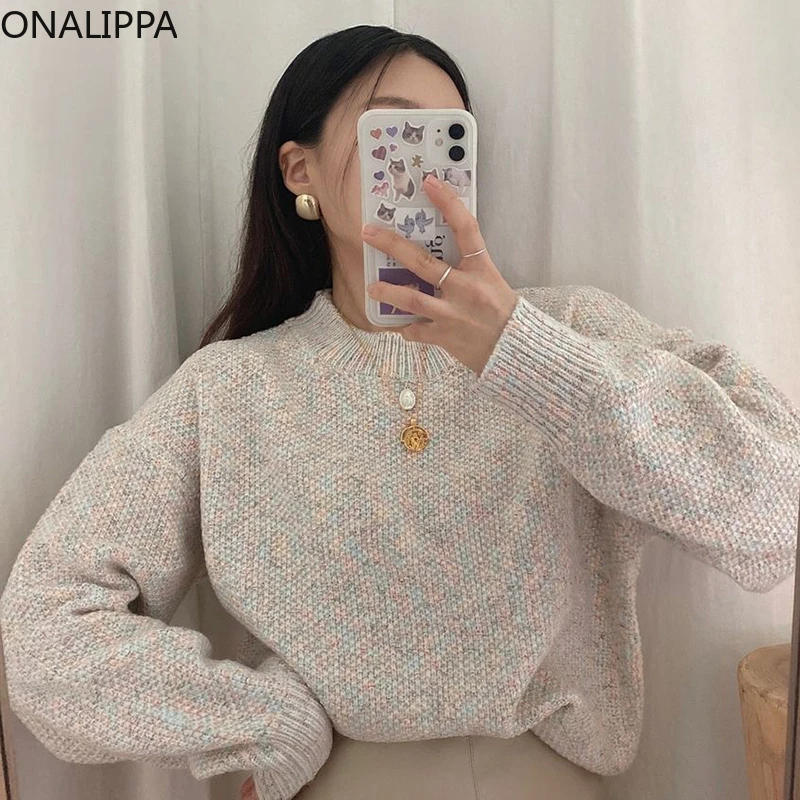

ONALIPPA Round Neck Pullover Women 2021 Autumn Korean All-Match Lazy Style Loose Small Color Dots Long-Sleeved Knitted Sweater