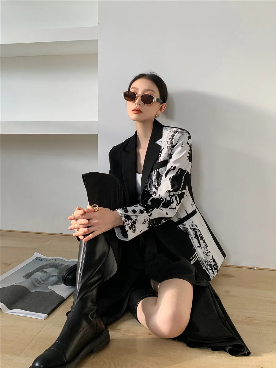 Женский черно-белый блейзер CHEERART разноцветная Лоскутная куртка осенняя мода 2020