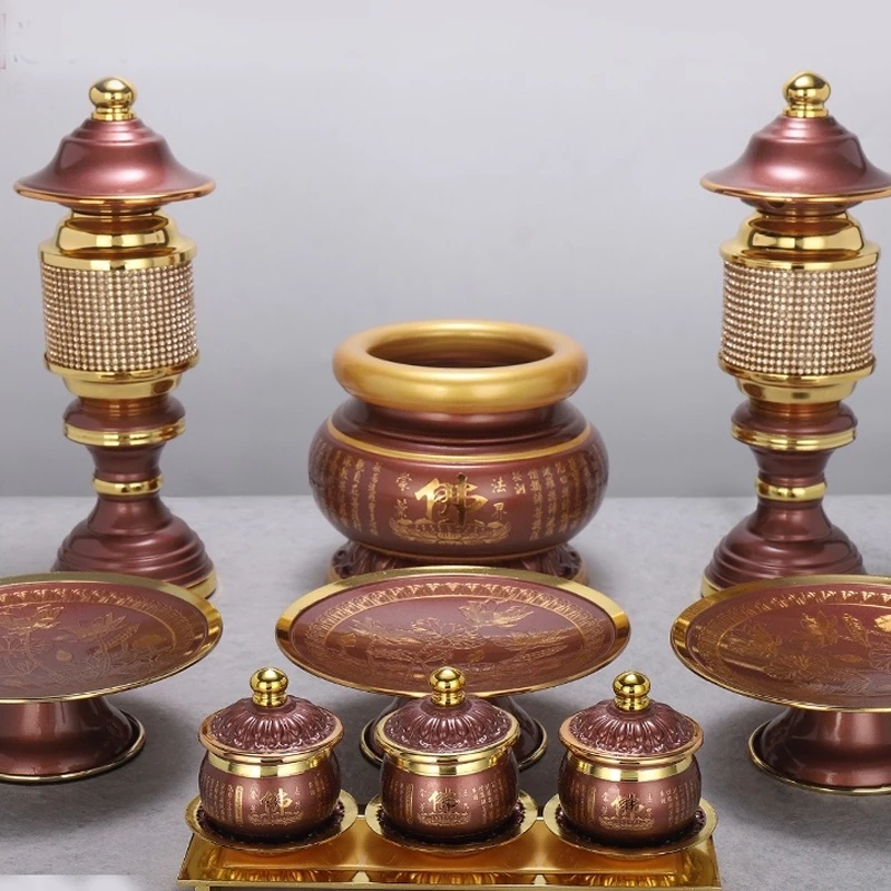 

A SET 9PCS Buddhism high grade HOME Temple shrine enshrine worship wealth buddha God lamp Incense burner Holy water cup trays