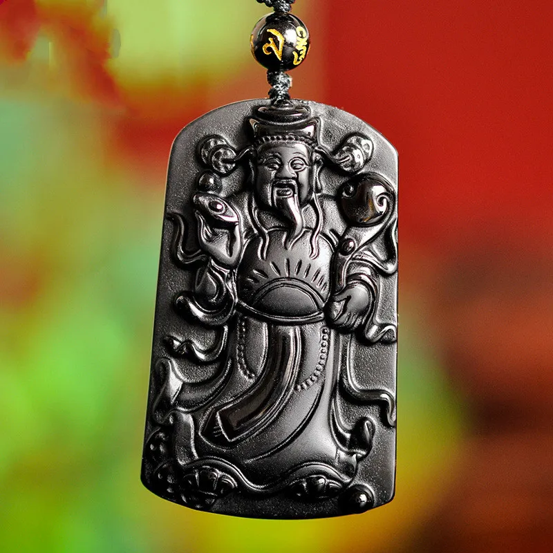 Натуральный черный обсидиан бусы ожерелье ручной работы Бог богатства нефрит