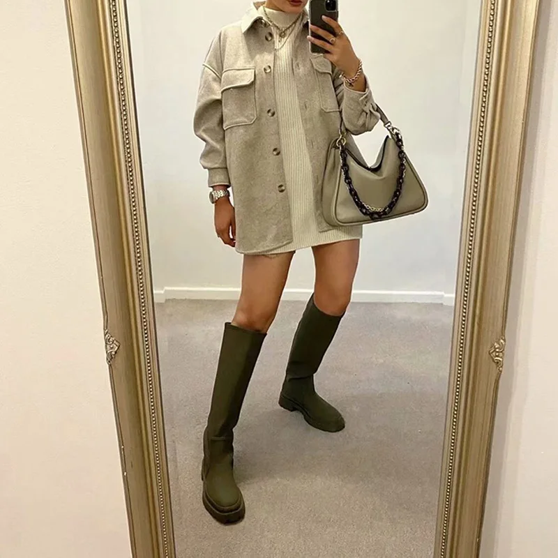 

Winter New Women ZA Casual Simple Wild Loose Lapel Single-Breasted Pocket Long-Sleeved Female Shirt