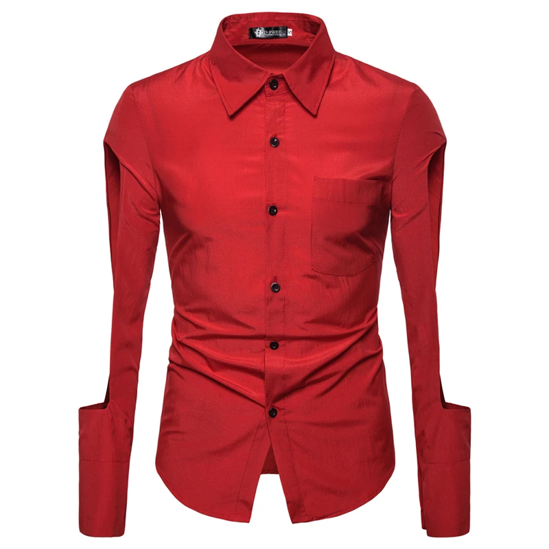 

Autumn Men's Shirt Lapel Single Breasted Solid Long Sleeve Hollow Out Sfashion Casual Personality Washable Male Clothes