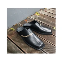 mens punk style metal chain slip on mules modern man fashion square toe slides summer cool boy daily shoes
