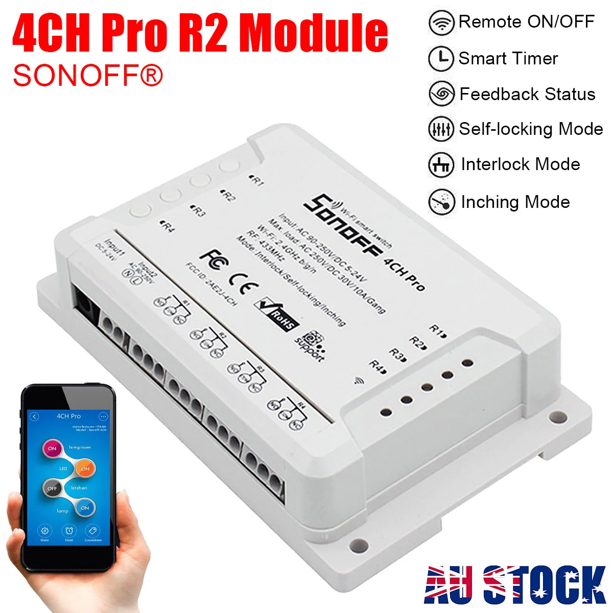 SONOFF 4CH Pro R2 2,4 Ghz 433MHz RF умный дом беспроводной WiFi переключатель приложение пульт дистанционного управления модуль Inching/самоблокирующийся/Блокировка