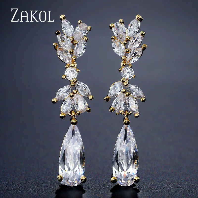 Gold Color ZAKOL белый цвет в форме цветка Циркон капли воды Кристалл кулон Висячие серьги для женщин Свадебные украшения FSEP50L - Окраска металла: Gold Color
