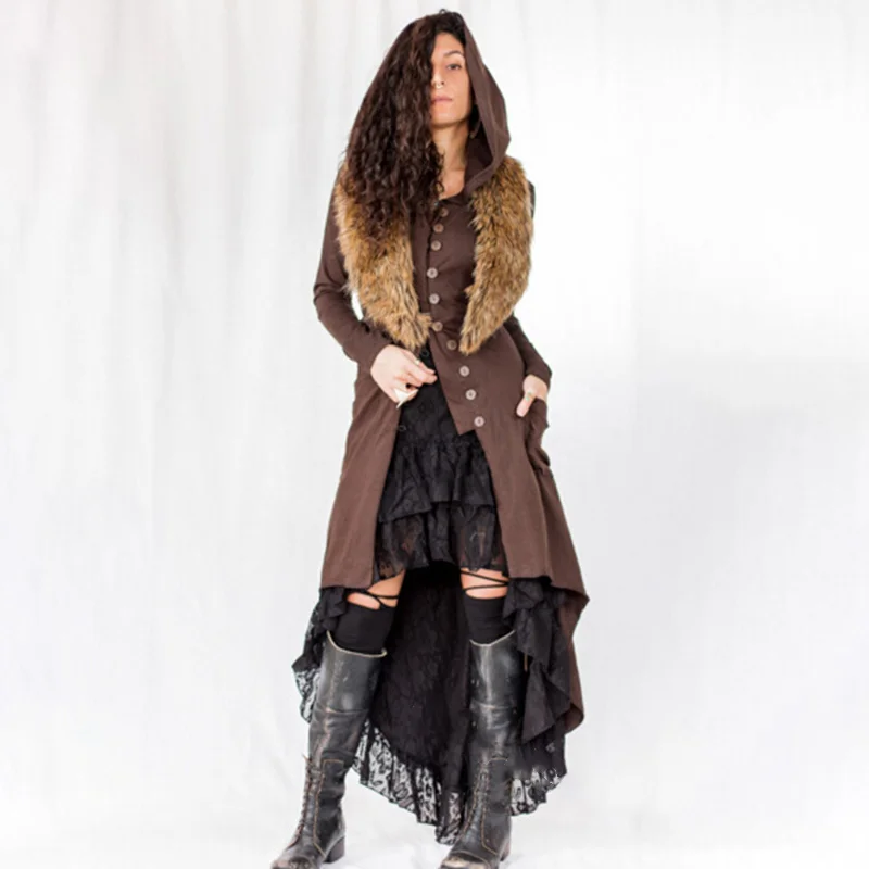 Ретро длинное пальто Женская средневековая Винтажная с капюшоном смокинг куртка