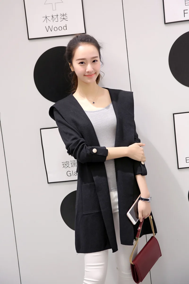 Свободный Женский вязаный кардиган с капюшоном свитер длинный шерстяной Тренч