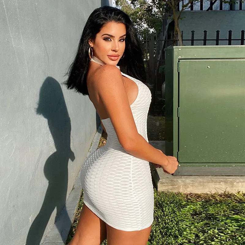 

Sexy Summer Open Back Vestidos Solid Women Sleeveless Halter Neck Backless Cut Out Hollow Bodycon Mini Dress Women Club Street
