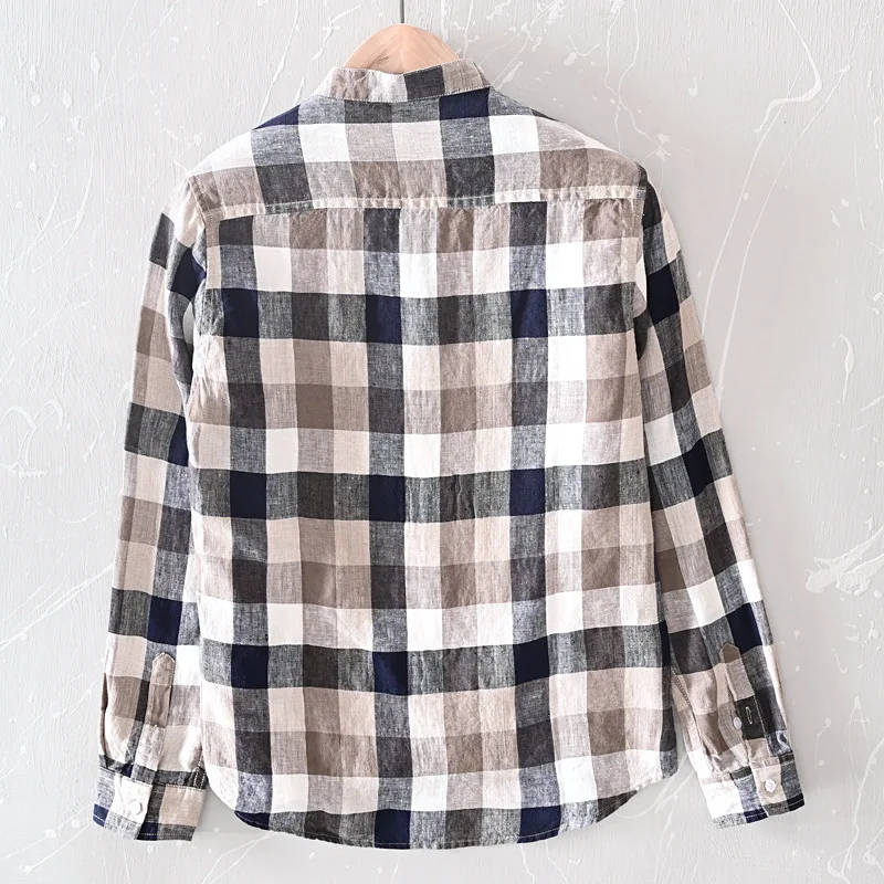 Мужская длинная рубашка из чистого льна 2020 клетчатая с воротником стойкой летняя