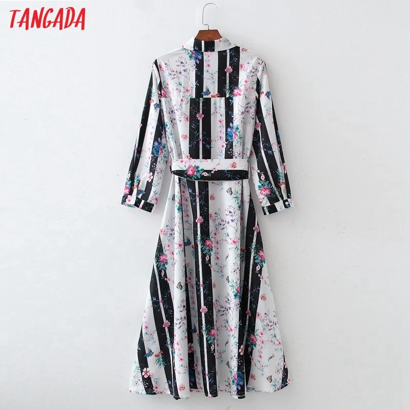 

Tangada 2021 Fashion Women Flowers Print Shirt Dress with Slash Vintage Long Sleeve Office Ladies Midi Dress 1D268