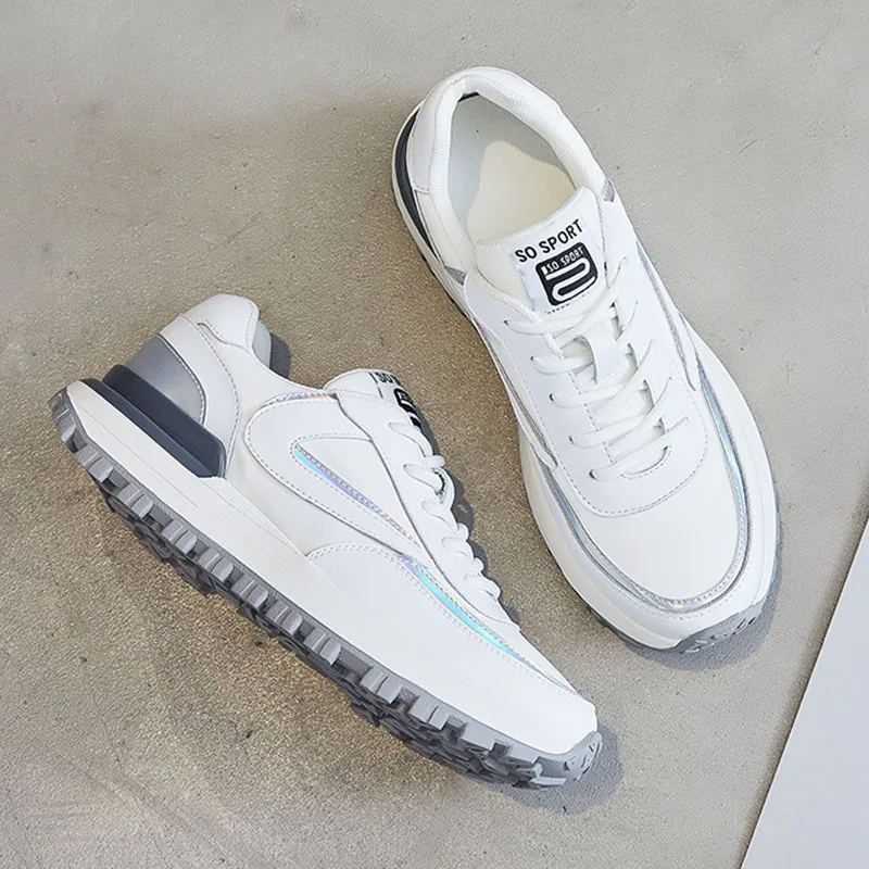 

White Sneakers Women Top Quality Genuine Leather Round Toe Lace Up Rubber Sole Casual Sports Shoes 2021 Spring Comfort Footwear