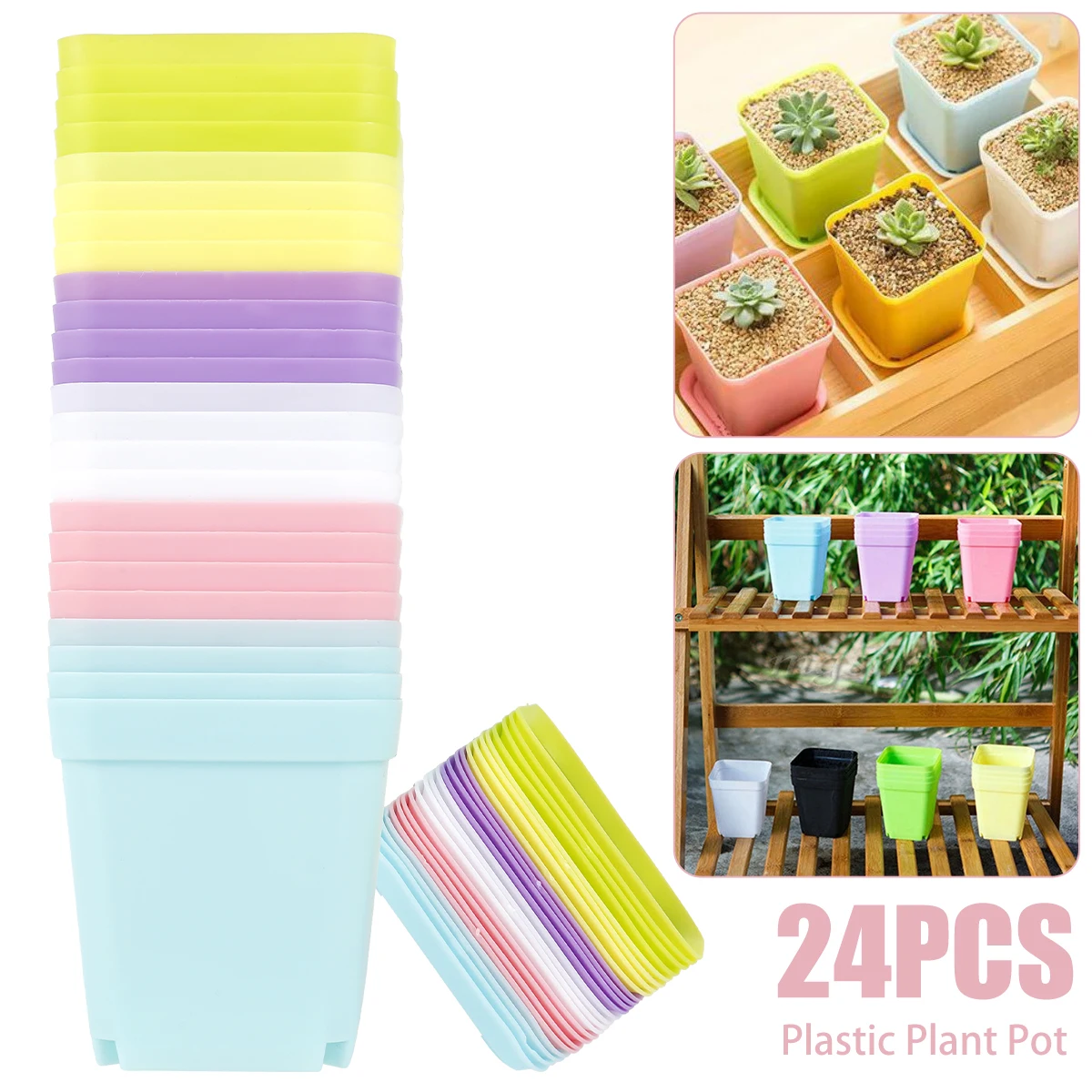 

24Pcs Flower Pot Colorful Durable Plastic Plant Flower Pot Gloss Planter Home Garden Decoration With Saucer Tray Drainage Holes