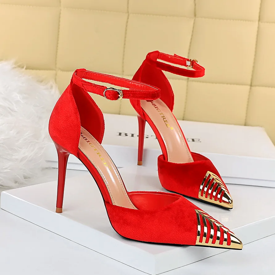 Туфли BIGTREE женские на шпильке пикантные замшевые туфли-лодочки металлический