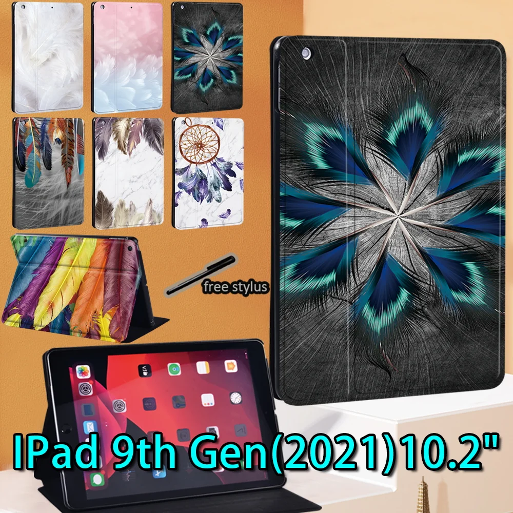 

Tablet case For IPad 9th 10.2 inch 2021 Funda PU Leather Stand cover For ipad 9th Generation Feather Pattern Protective Shell