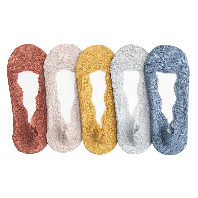 

Lace Women Socks Solid Color Summer Mesh Shallow Mouth Silicone Non-slip invisible socks 2020 New 5Pairs/lot