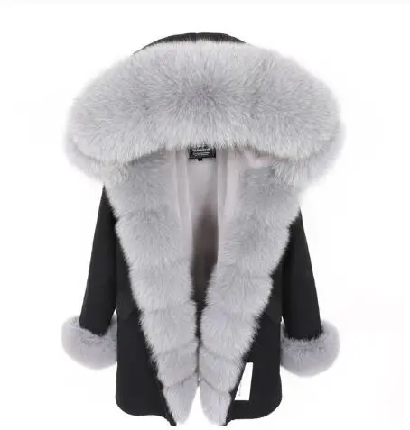 black grey fur Брендовая длинная шуба из натурального Лисьего меха со съемным воротником, женские зимние куртки, толстая теплая меховая парка, пальто из натурального меха - Цвет: black grey fur