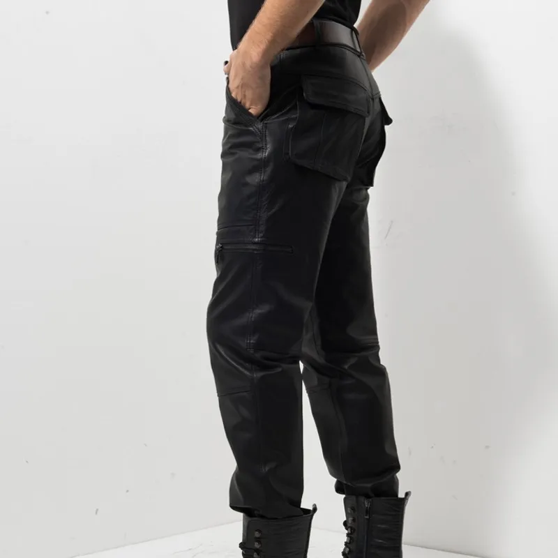 Новинка 2020 черные мужские штаны из натуральной кожи модные повседневные