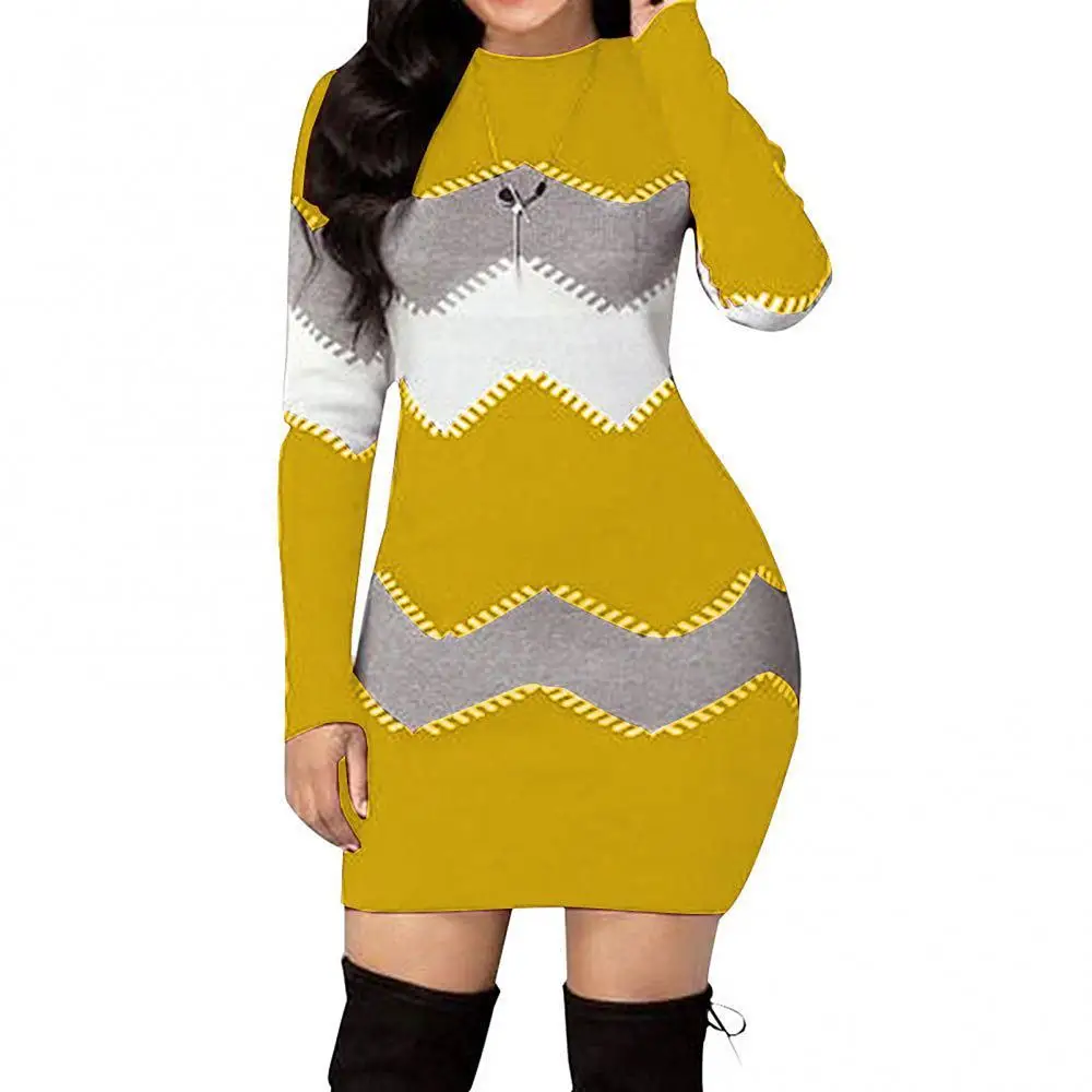 

Women Bodycon Dress O Neck Long Sleeve Color Block Long Sleeve Autumn Cotton Blend Ladies Mini Sweater Dresses